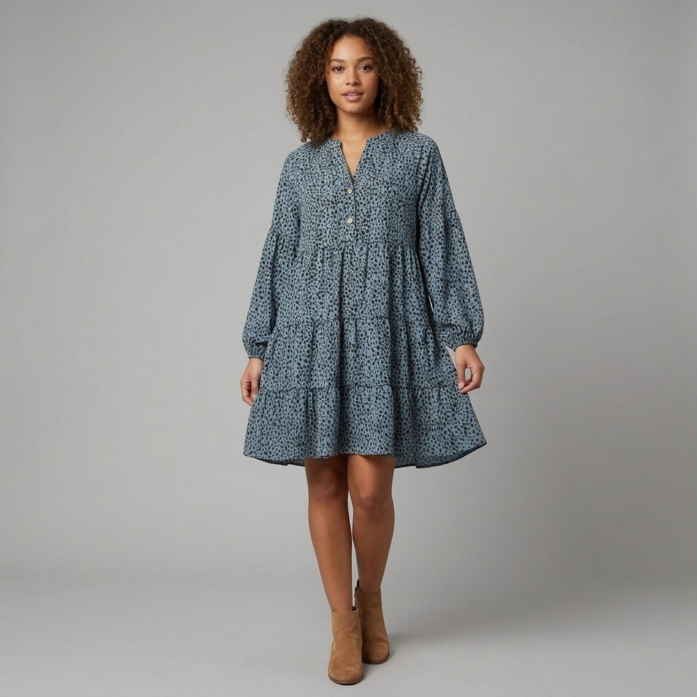 TEMOFON Blue/Brown Animal Print Tiered Mini Dress Long Sleeve Size S